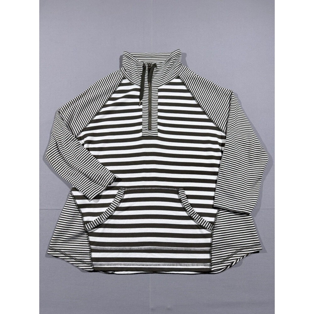 Ruby Rd Petite XL Womens Mock Neck Half Zip Black/White Striped Top
